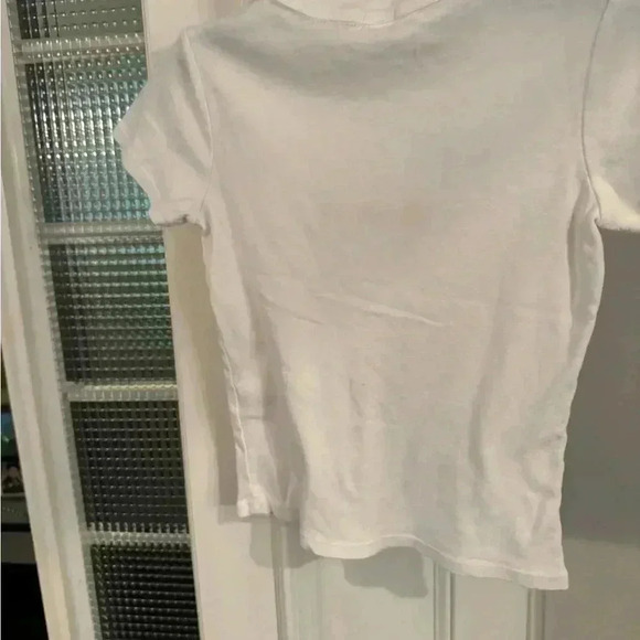 John Galt white short sleeve cropped tee with embroidered flowers on front. - Picture 2 of 10